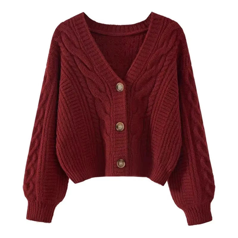 Simple Loose V-Neck Retro Fried Dough Twists Casual Women'S Knitting Cardigan Autumn and Winter Korean Solid Short Sweater Coat