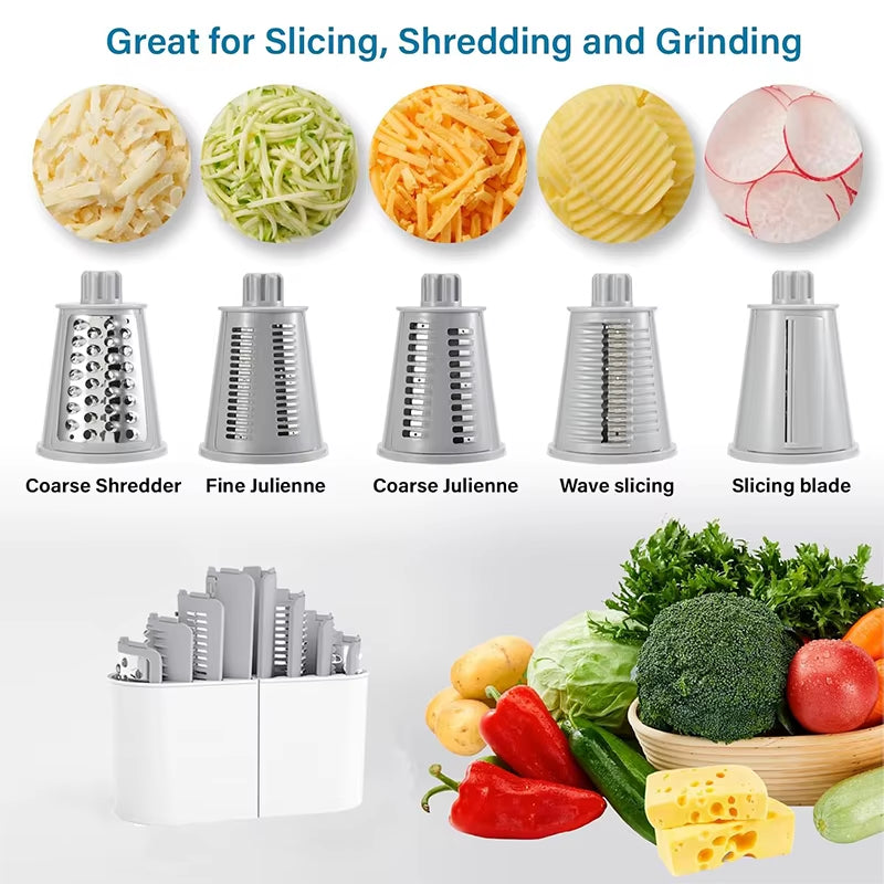 5-in-1 Rotary Cheese Grater and Vegetable Slicer with Mandoline, Julienne, Waffle Cutter, and Nut Chopper - Model JT247