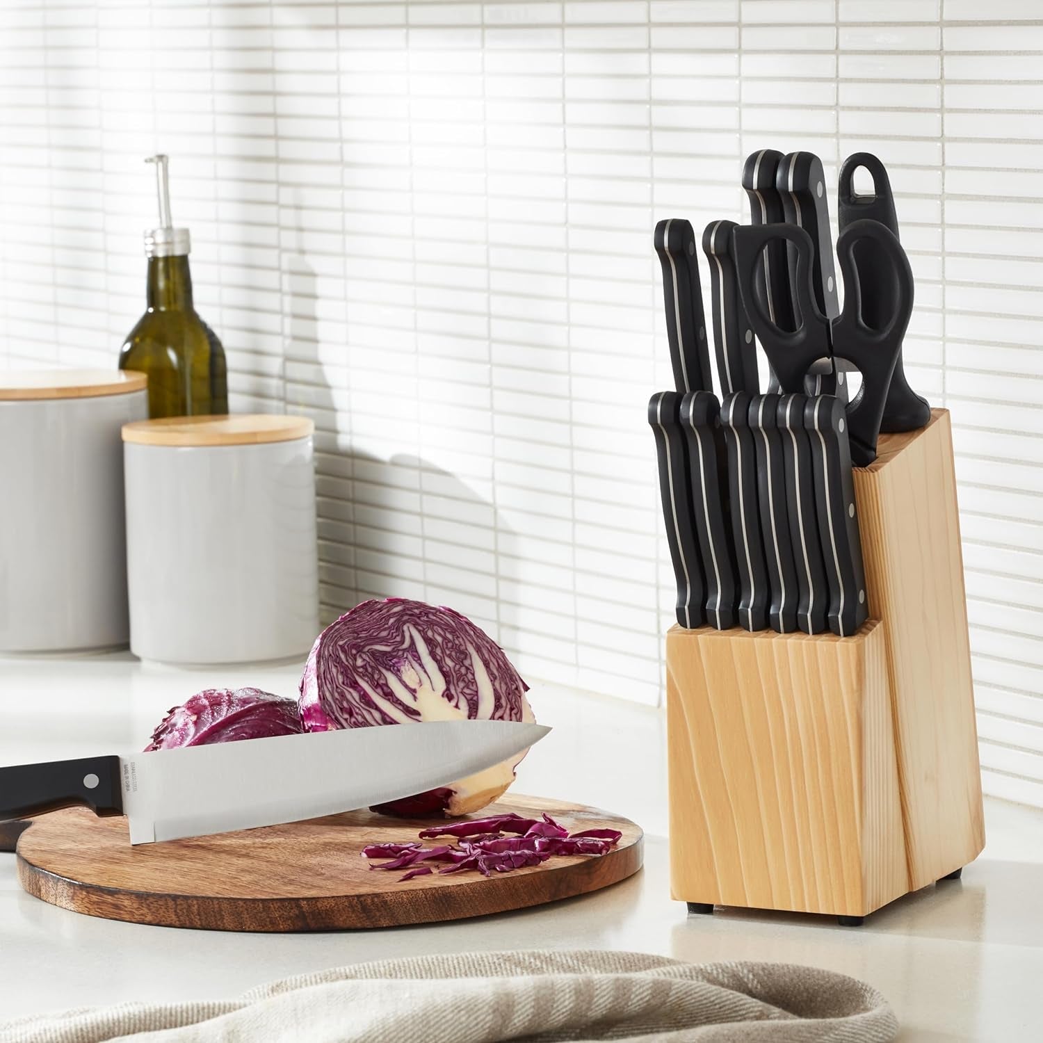 14-Piece High Carbon Stainless Steel Kitchen Knife Set with Sharpener and Pinewood Block, Black