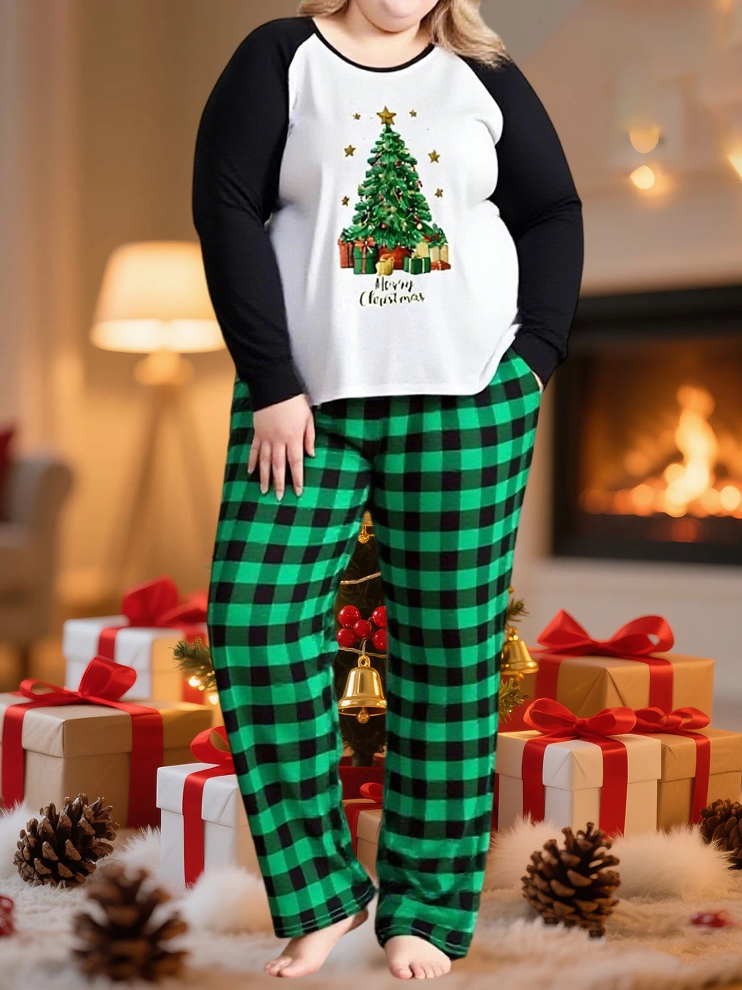 Women S Christmas Pajama Set Cozy Long Sleeve Top with Festive Print and Matching Plaid Pants for Sleepwear and Loungewear