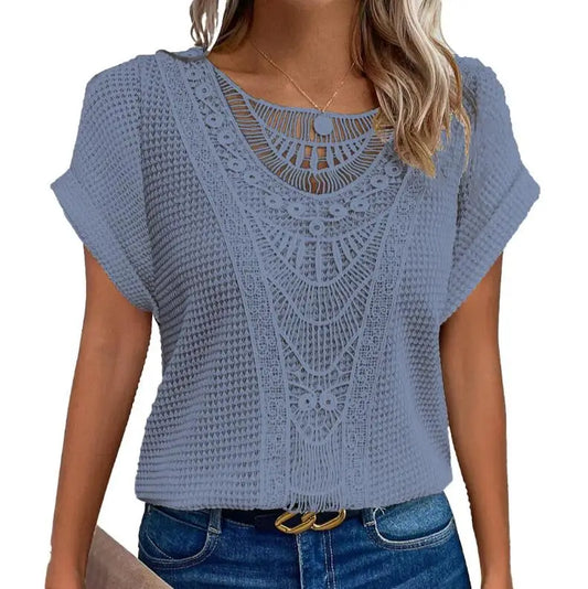 Fashion Lace Stitching T-Shirt for Women'S Tops Summer Casual round Neck Office Ladies Clothes Short-Sleeved Loose Tees Women
