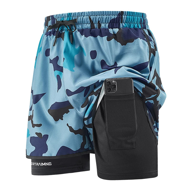 Men'S 2 in 1 Gym Shorts Camouflage Fitness Training Shorts with Phone Pocket Towel Loop Quick Dry Running Wear Workout Shorts