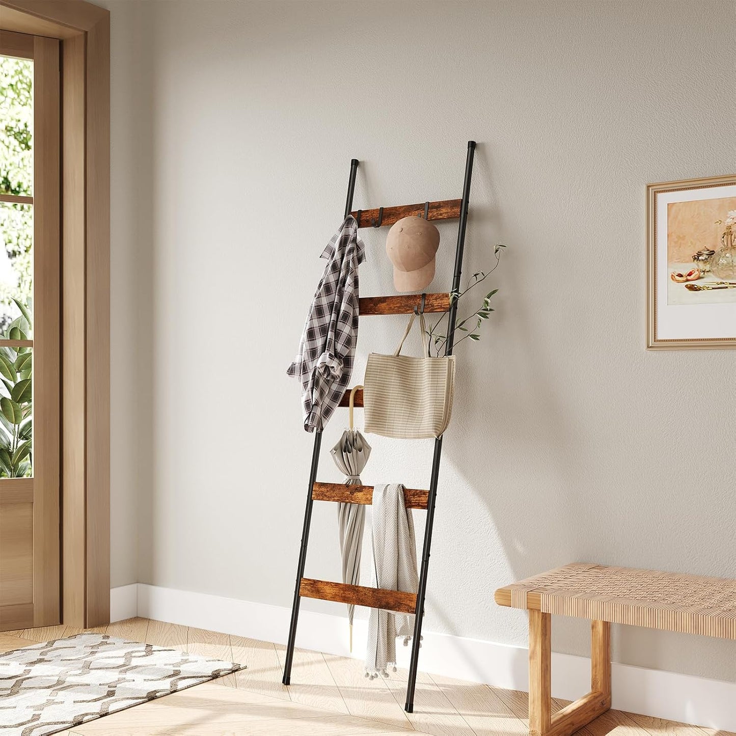 Blanket Ladder for Living Room, Farmhouse 5 -Tier Quilt Holder with 4 Removable Hooks for Bathroom, Wood Towel Rack Display, Wall Anchor Leaning Decorative Stand for Home Decor, Rustic Brown