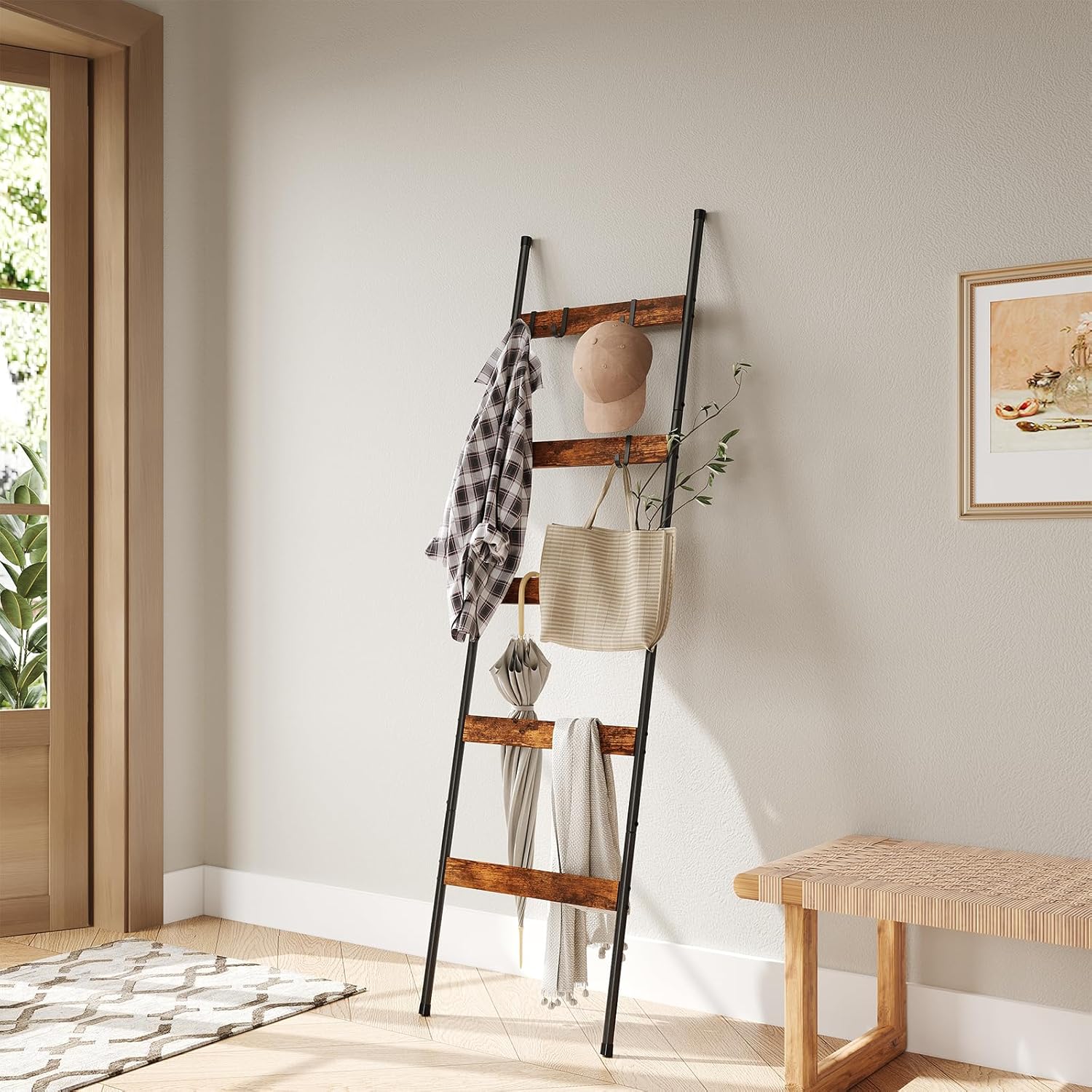 Blanket Ladder for Living Room, Farmhouse 5 -Tier Quilt Holder with 4 Removable Hooks for Bathroom, Wood Towel Rack Display, Wall Anchor Leaning Decorative Stand for Home Decor, Rustic Brown