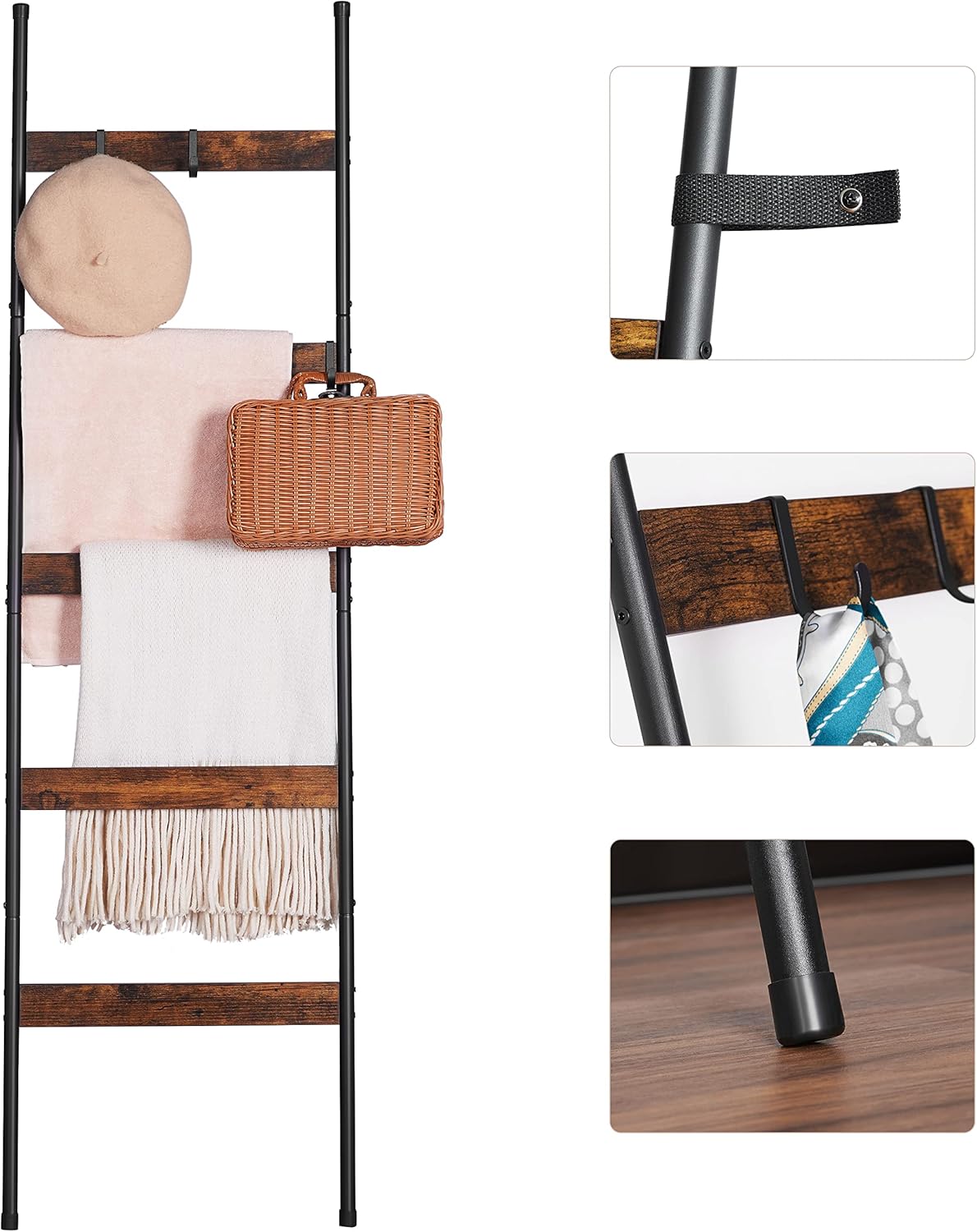 Blanket Ladder for Living Room, Farmhouse 5 -Tier Quilt Holder with 4 Removable Hooks for Bathroom, Wood Towel Rack Display, Wall Anchor Leaning Decorative Stand for Home Decor, Rustic Brown