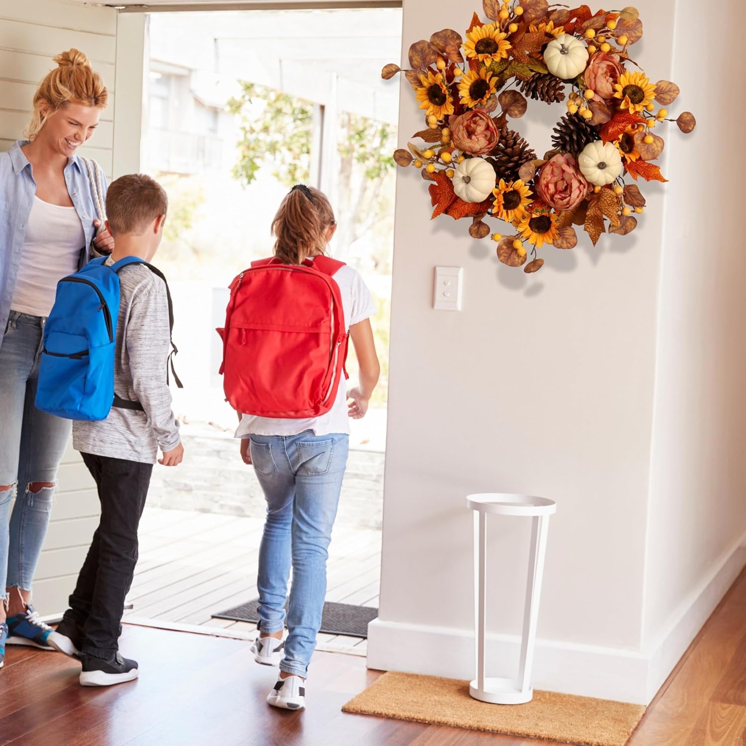 22-Inch Artificial Autumn Wreath with Sunflowers, Peonies, Pumpkins, and Eucalyptus for Thanksgiving and Harvest Celebrations