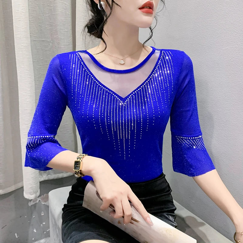 2025 Spring Summer Mesh Tops Korean Fashion Diamond T Shirt Slim 3/4 Sleeve Hollow Out Casual Women Shirt