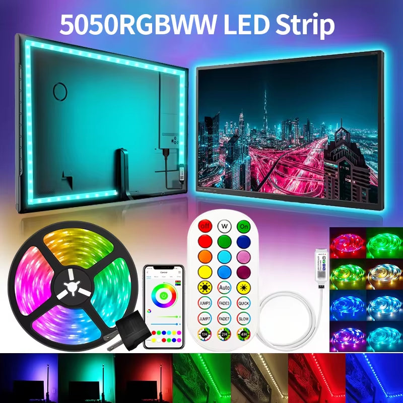 30M 5050 RGBWW LED Light Strip with Bluetooth App Control and US Power Supply for Home and Party Decoration