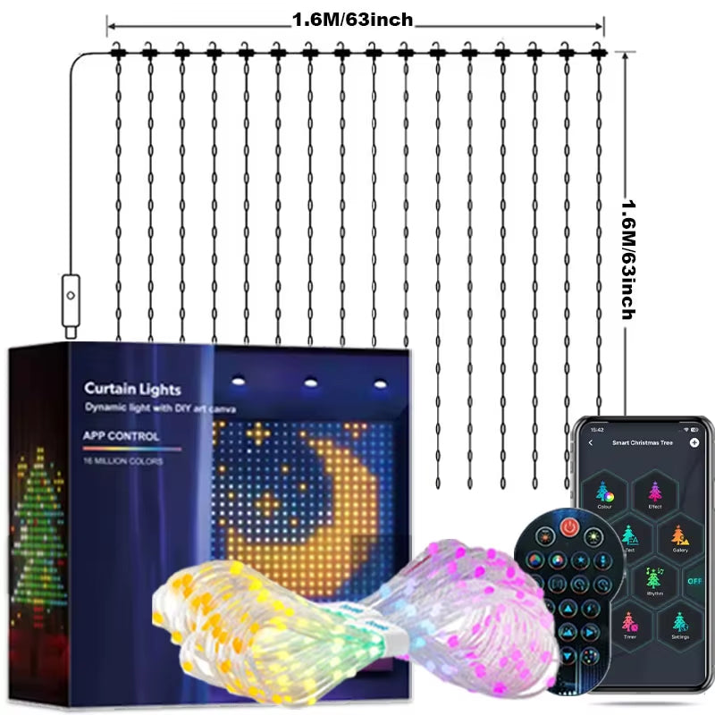 Smart LED Curtain Lights with 400 RGB+IC Color Changing LEDs, 6.6 x 6.6 Feet Indoor Dynamic DIY Pattern String Lights