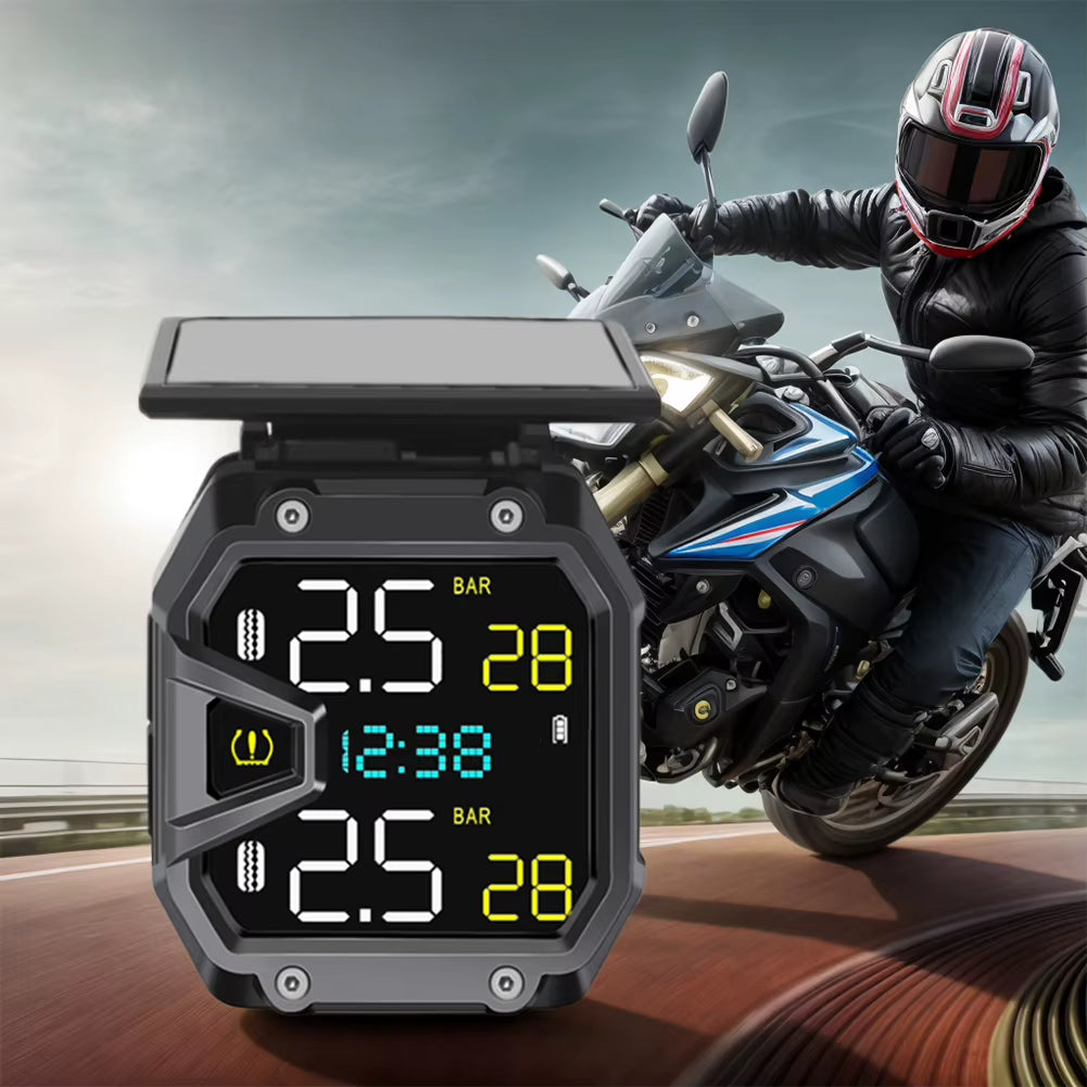 Motorcycle Tire Pressure Monitoring System with USB Port and Solar Power for Outdoor Cycling Accessories
