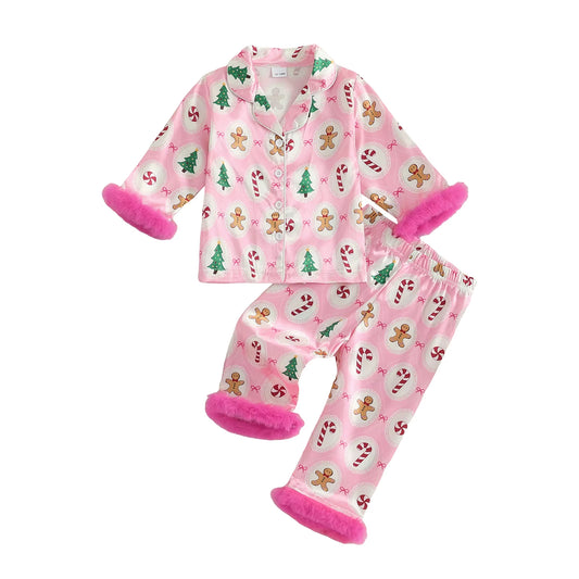Girls Christmas Satin Pajama Set with Reindeer Print Lapel Long Sleeve Button down Top and Matching Pants Sleepwear