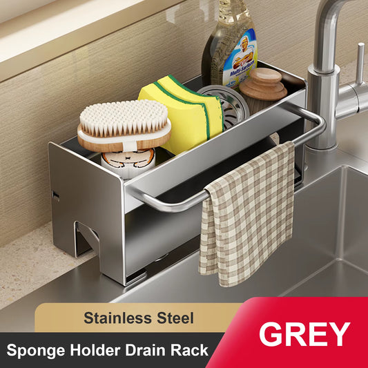 Space Aluminum Kitchen Sponge Holder and Sink Drain Rack - Soap Drainer and Towel Shelf Organizer for Bathroom Storage