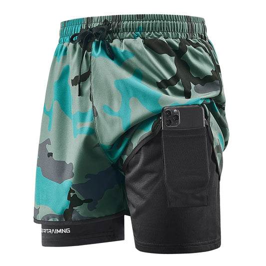 Men'S 2 in 1 Gym Shorts Camouflage Fitness Training Shorts with Phone Pocket Towel Loop Quick Dry Running Wear Workout Shorts