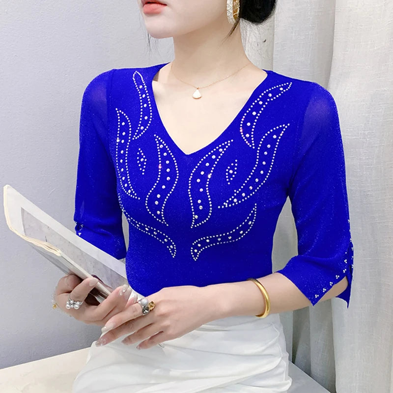 2025 Spring Summer Mesh Tops Korean Fashion Diamond T Shirt Slim 3/4 Sleeve Hollow Out Casual Women Shirt