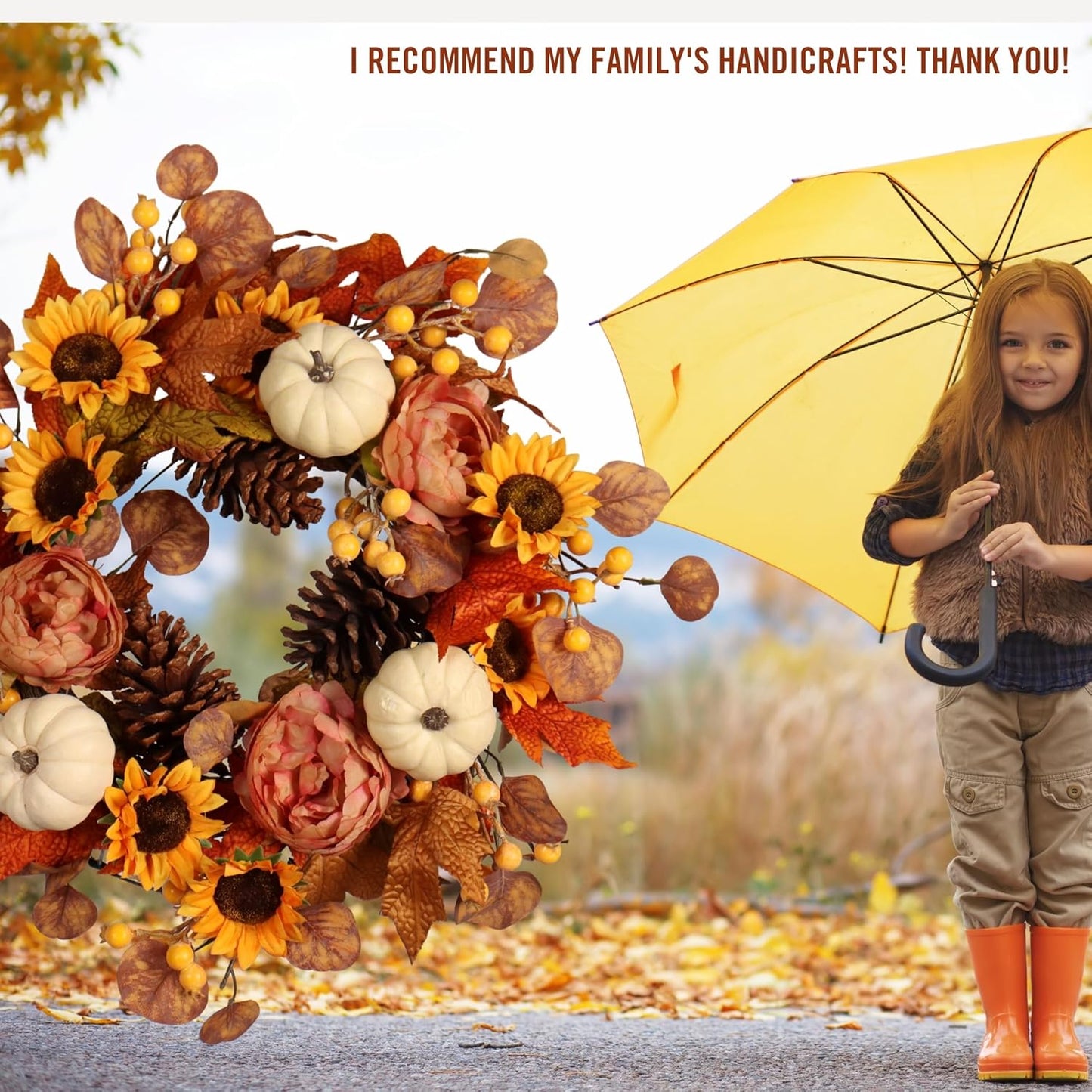 22-Inch Artificial Autumn Wreath with Sunflowers, Peonies, Pumpkins, and Eucalyptus for Thanksgiving and Harvest Celebrations