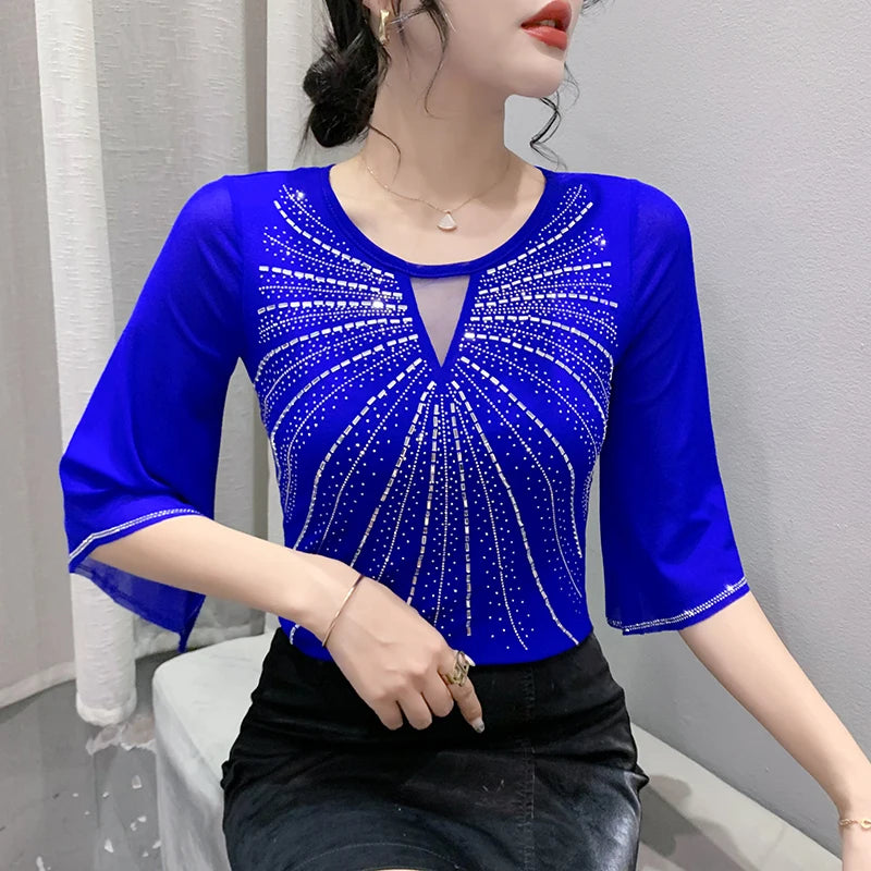 2025 Spring Summer Mesh Tops Korean Fashion Diamond T Shirt Slim 3/4 Sleeve Hollow Out Casual Women Shirt