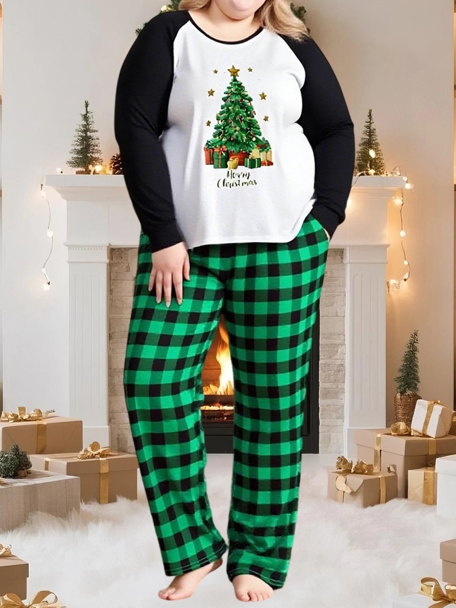 Women S Christmas Pajama Set Cozy Long Sleeve Top with Festive Print and Matching Plaid Pants for Sleepwear and Loungewear