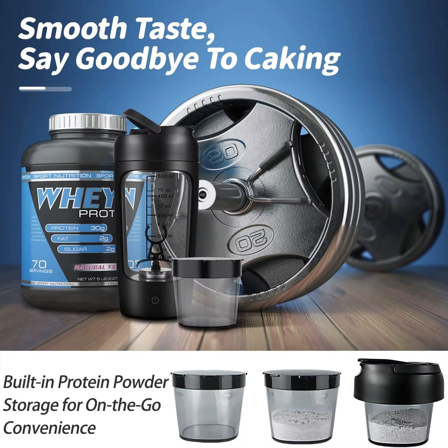 650Ml Electric Protein Shaker Cup with Powder Storage Container Mixer Cup Gym Sport Water Bottles with Wire Whisk Ball Drinkware