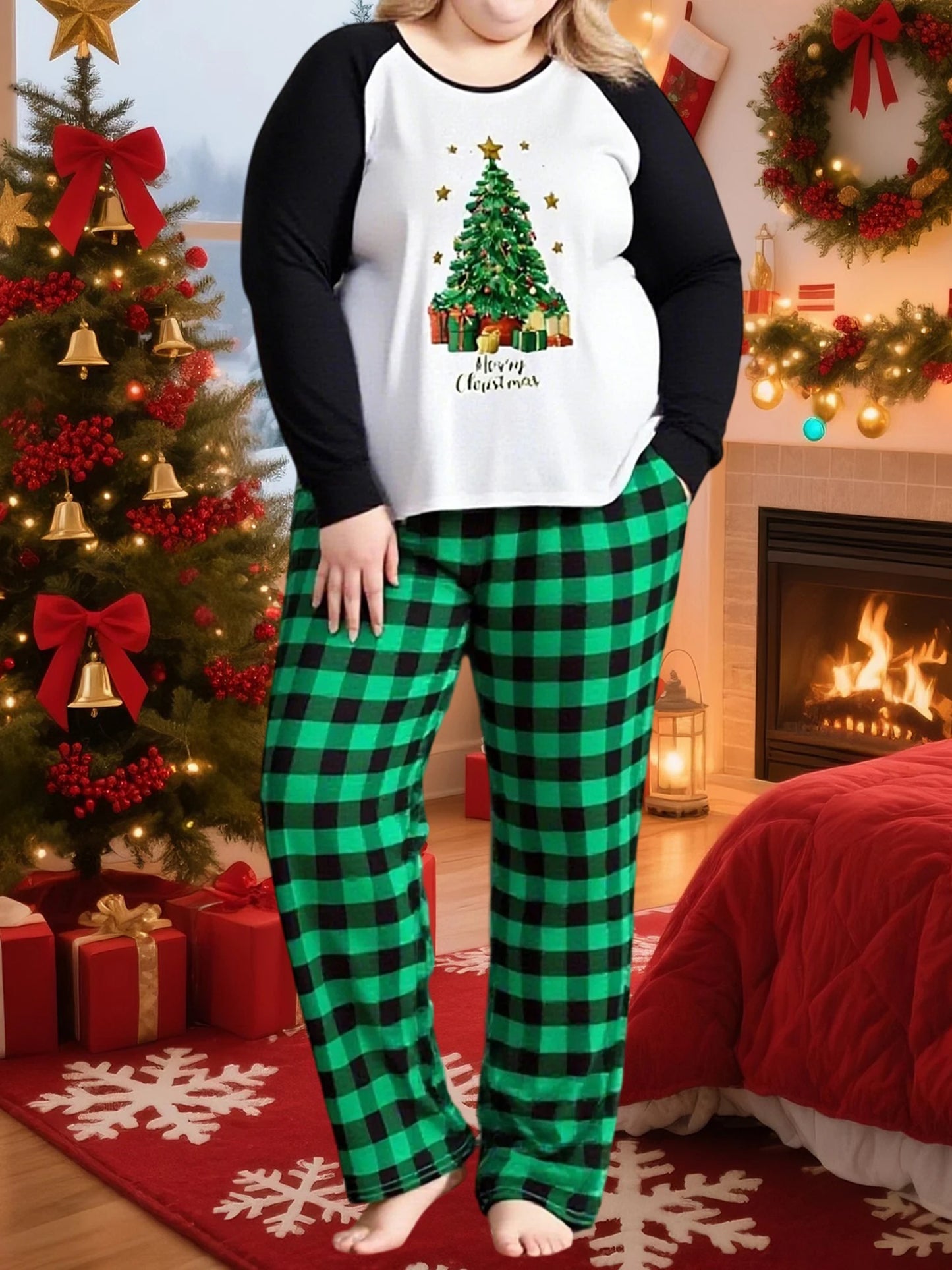 Women S Christmas Pajama Set Cozy Long Sleeve Top with Festive Print and Matching Plaid Pants for Sleepwear and Loungewear