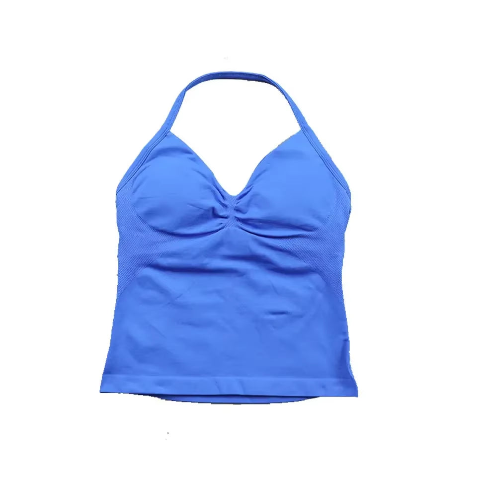 Impact Longline Strappy Top with Logo Women Seamless Yoga Tops Backless Gym Clothes Workout Sleeveless Shirts with Buit in Bra