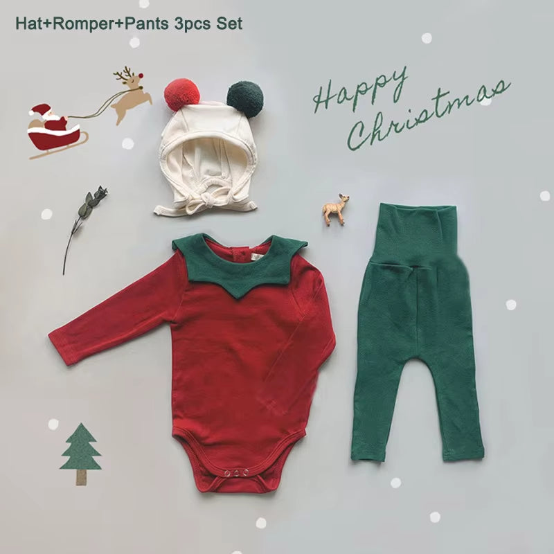 Ins Style Baby Chic Christmas Clothing Sets Romper High Waist Pants Hat Sets Newborn Infant Baby Girl Boy Xmas Outfits