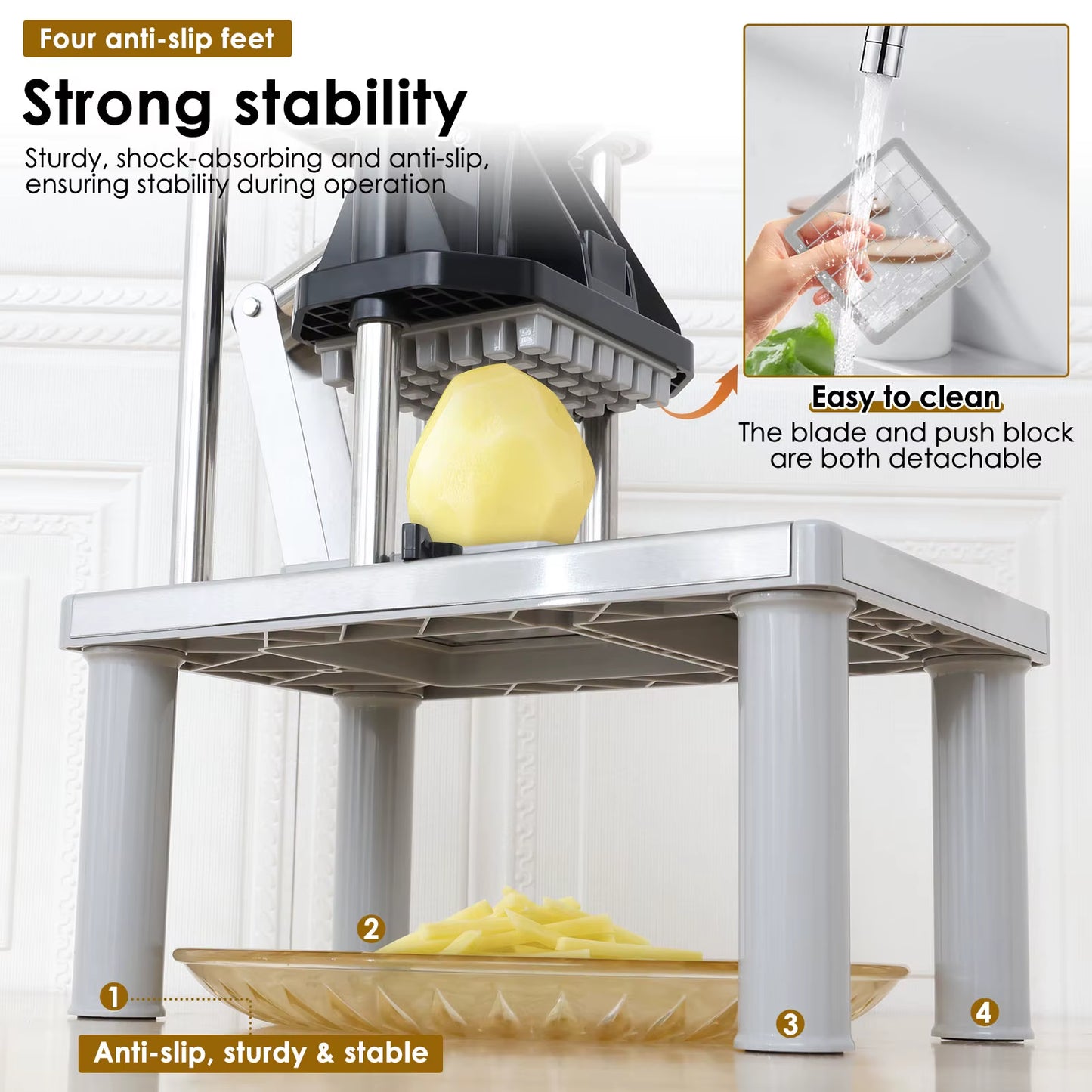 Commercial Stainless Steel French Fry Cutter and Vegetable Chopper with Manual Operation and 4 Replacement Blades