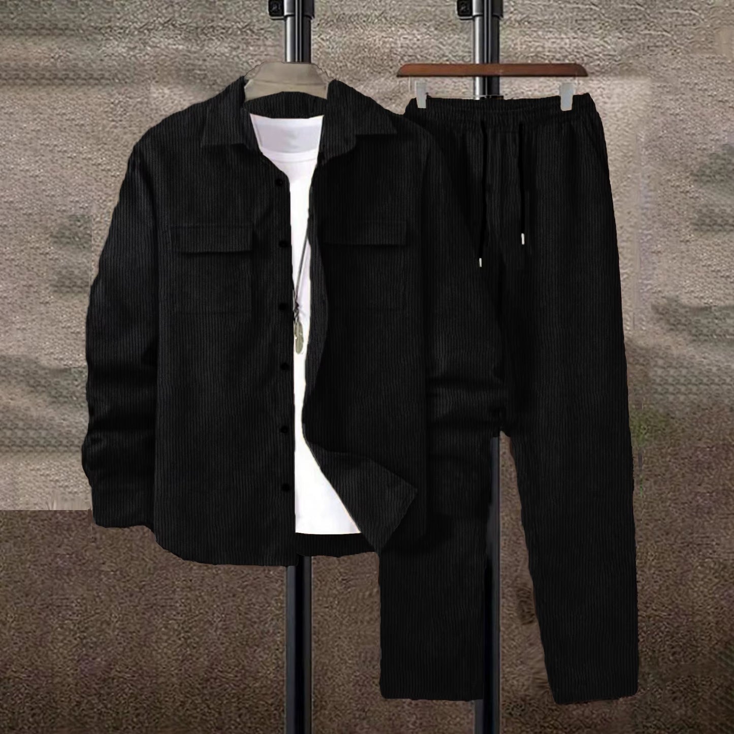Men'S Suit Solid Color Corduroy Suit Long Sleeve Shirt and Pants Casual Suit