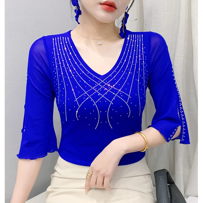 2025 Spring Summer Mesh Tops Korean Fashion Diamond T Shirt Slim 3/4 Sleeve Hollow Out Casual Women Shirt