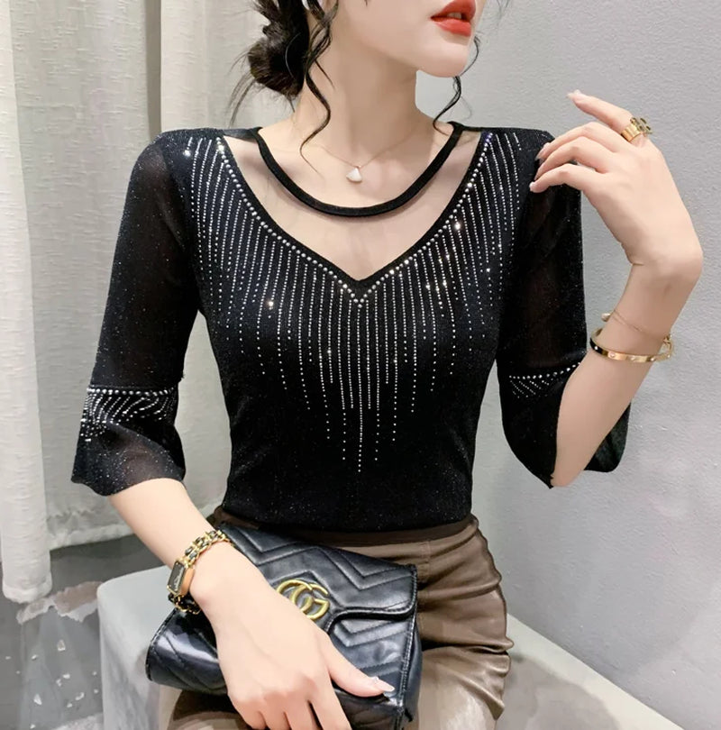 2025 Spring Summer Mesh Tops Korean Fashion Diamond T Shirt Slim 3/4 Sleeve Hollow Out Casual Women Shirt