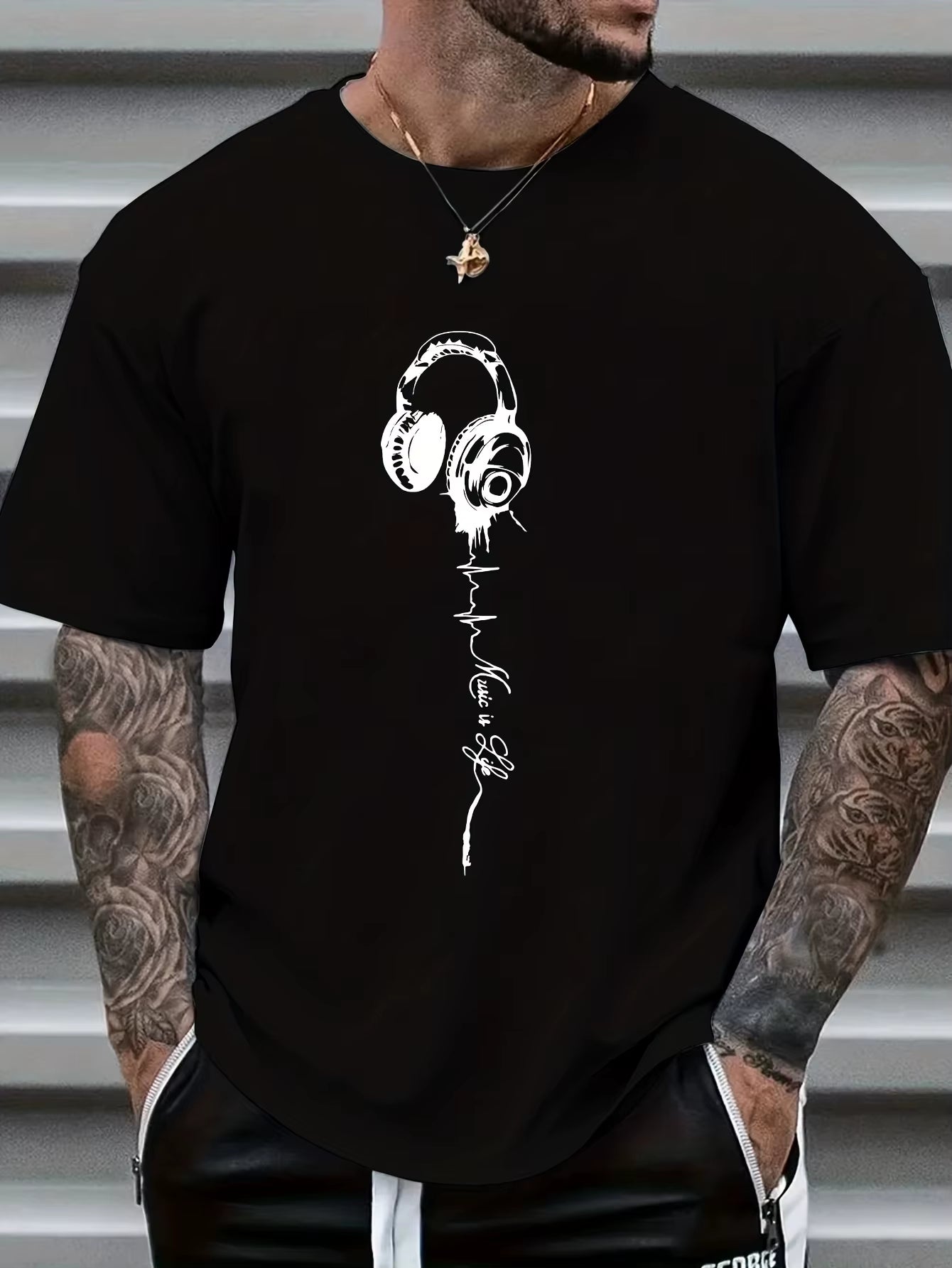Men'S Summer Earphones with Letter Print, Breathable and Comfortable round Neck T-Shirt, Outdoor Sports and Leisure Top