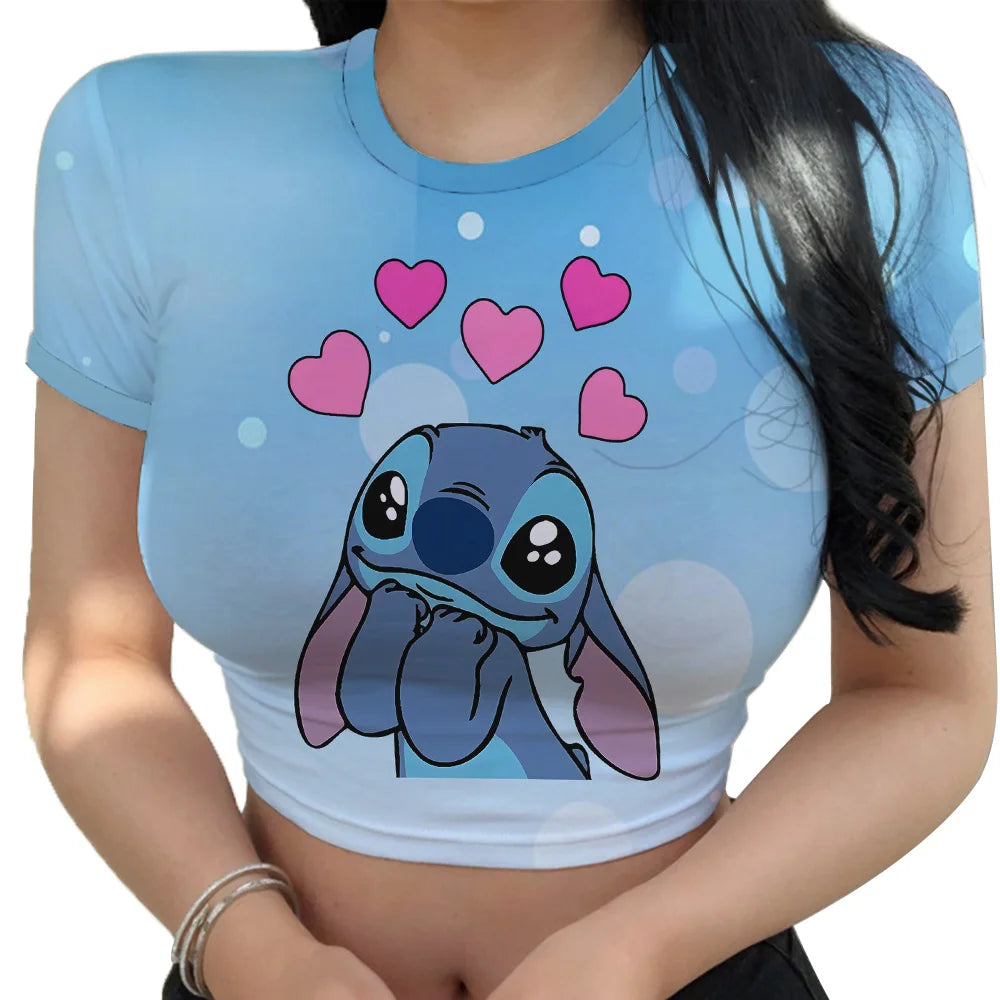 Hot Sale Women'S Red T Shirts Summer 2024 Fashion Disney Stitch Crop Top Harajuku Y2K New Sweet T-Shirt Clothing Kawaii Clothes