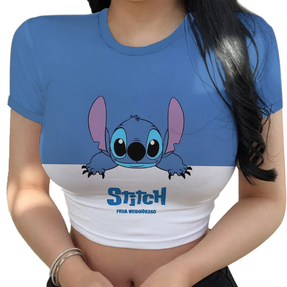 Hot Sale Women'S Red T Shirts Summer 2024 Fashion Disney Stitch Crop Top Harajuku Y2K New Sweet T-Shirt Clothing Kawaii Clothes
