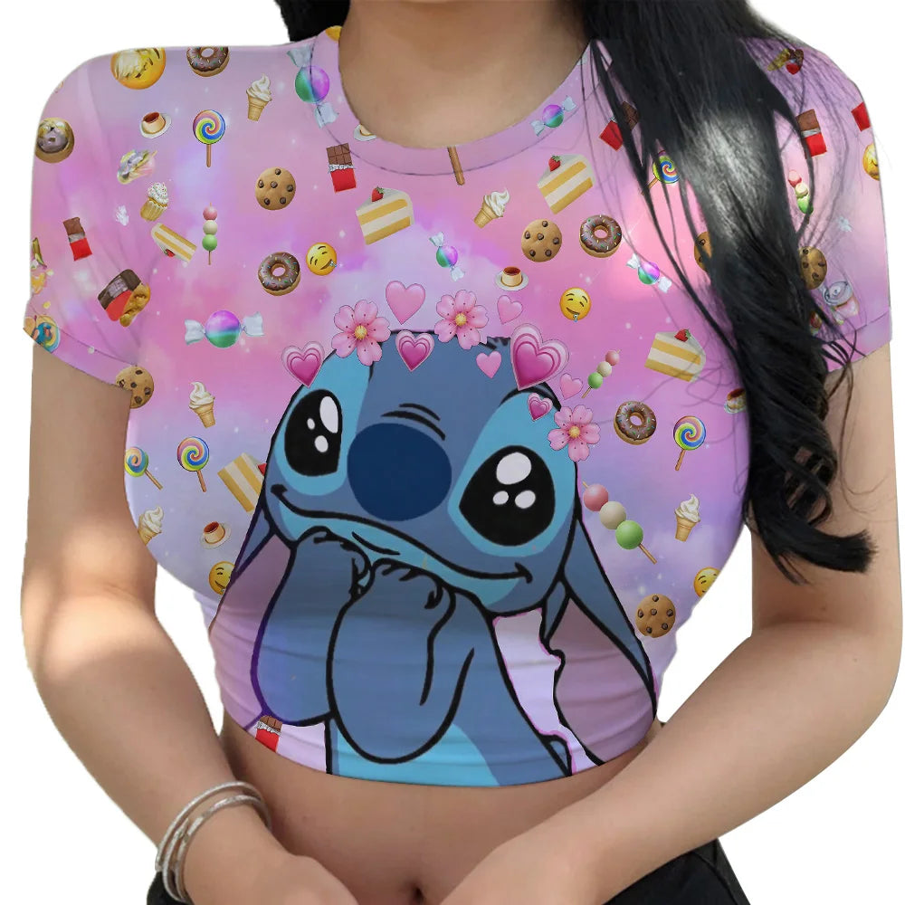 Hot Sale Women'S Red T Shirts Summer 2024 Fashion Disney Stitch Crop Top Harajuku Y2K New Sweet T-Shirt Clothing Kawaii Clothes