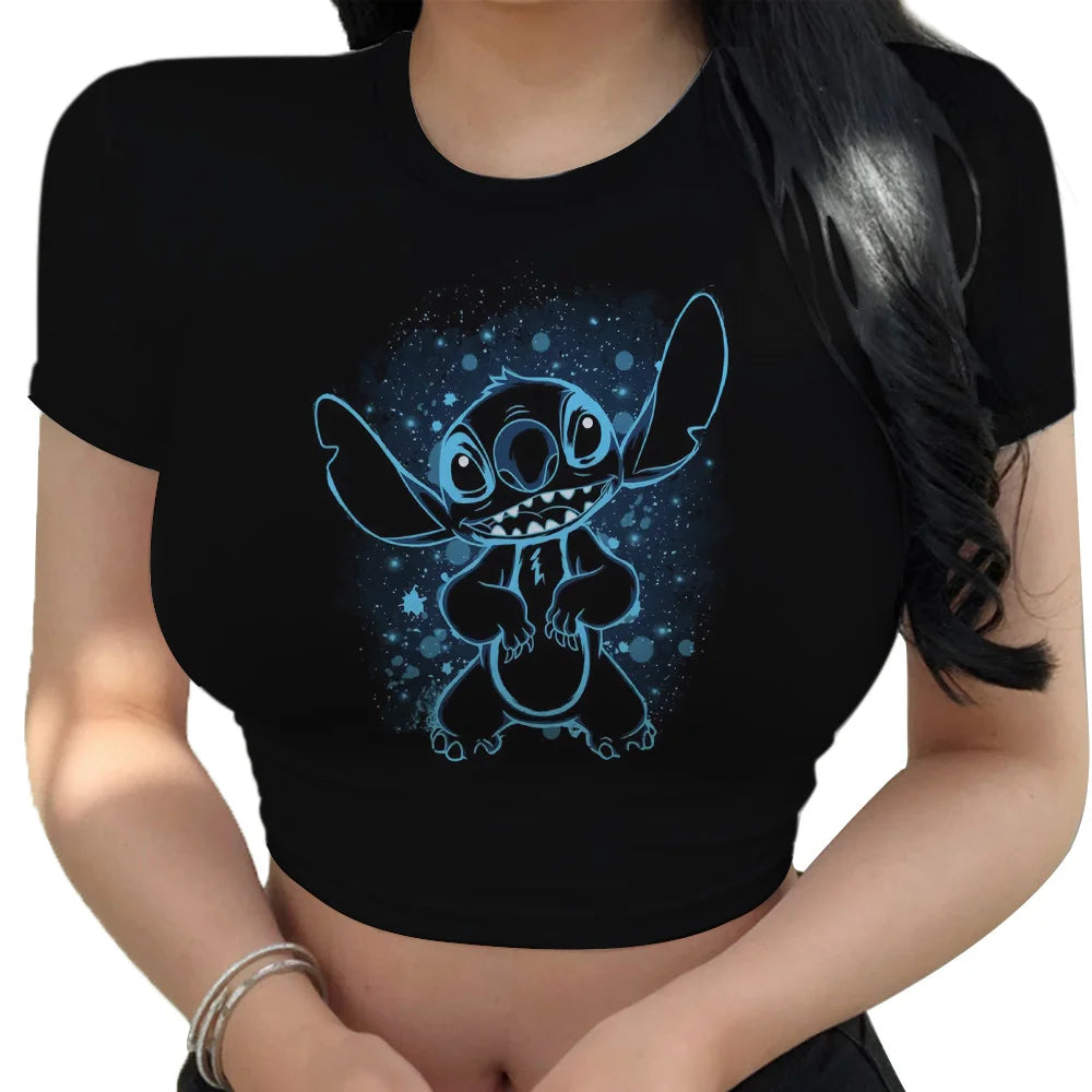 Hot Sale Women'S Red T Shirts Summer 2024 Fashion Disney Stitch Crop Top Harajuku Y2K New Sweet T-Shirt Clothing Kawaii Clothes