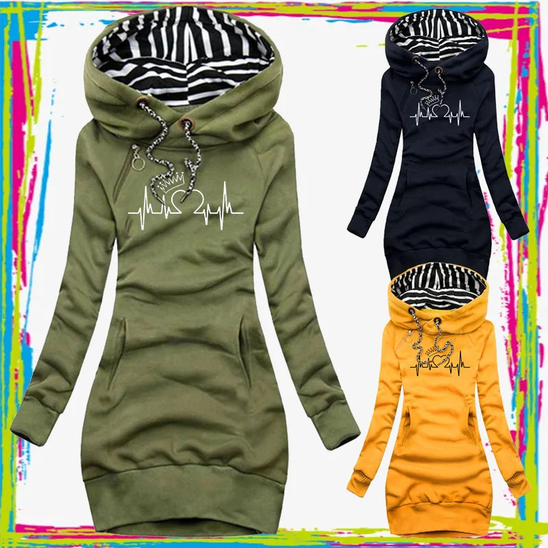 New Fashion Women'S Casual Dresses Long Sleeve Sweatshirt Pullover Dress Pocket Hooded Hoodie Dresses