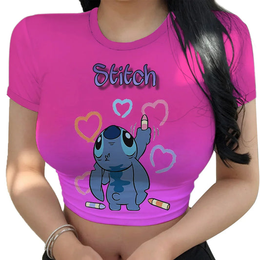 Hot Sale Women'S Red T Shirts Summer 2024 Fashion Disney Stitch Crop Top Harajuku Y2K New Sweet T-Shirt Clothing Kawaii Clothes