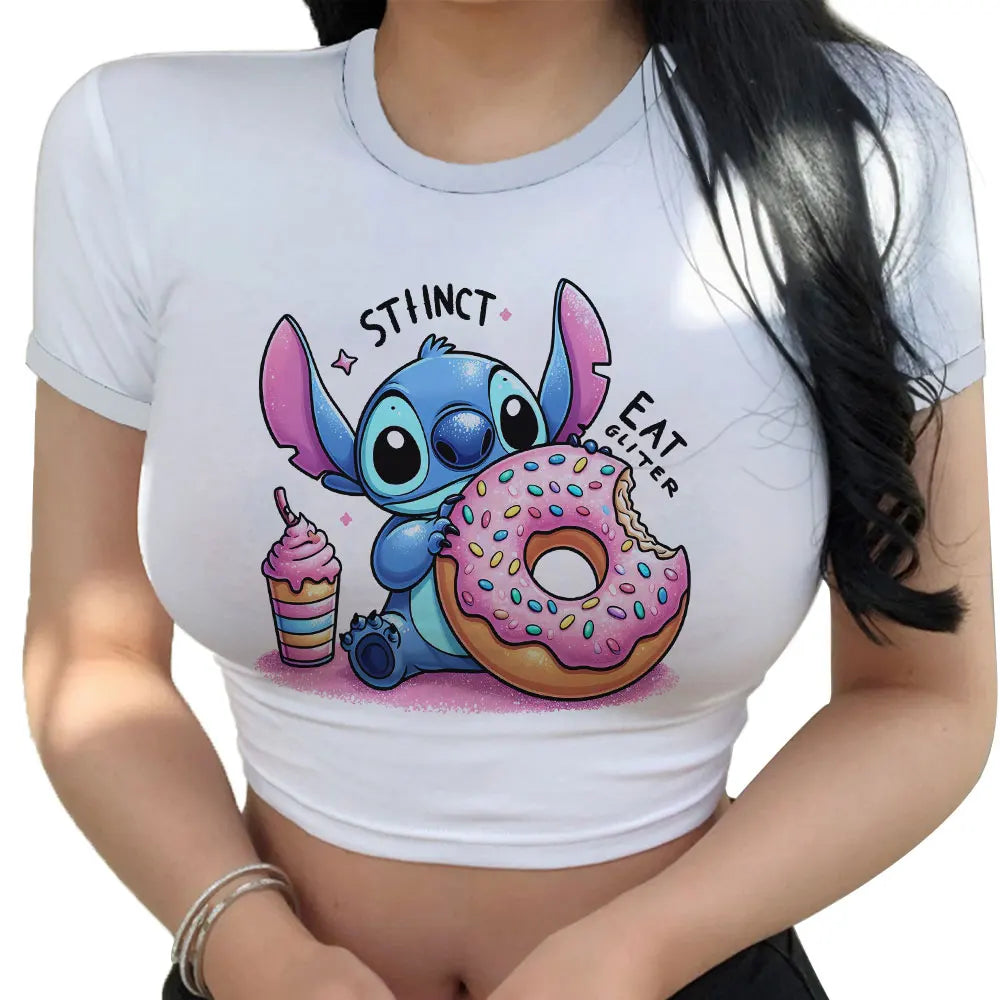 Hot Sale Women'S Red T Shirts Summer 2024 Fashion Disney Stitch Crop Top Harajuku Y2K New Sweet T-Shirt Clothing Kawaii Clothes