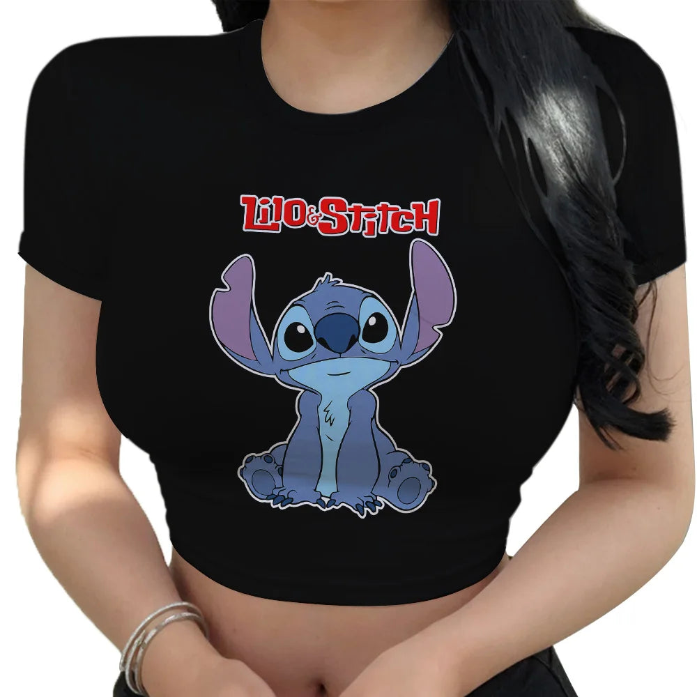 Hot Sale Women'S Red T Shirts Summer 2024 Fashion Disney Stitch Crop Top Harajuku Y2K New Sweet T-Shirt Clothing Kawaii Clothes