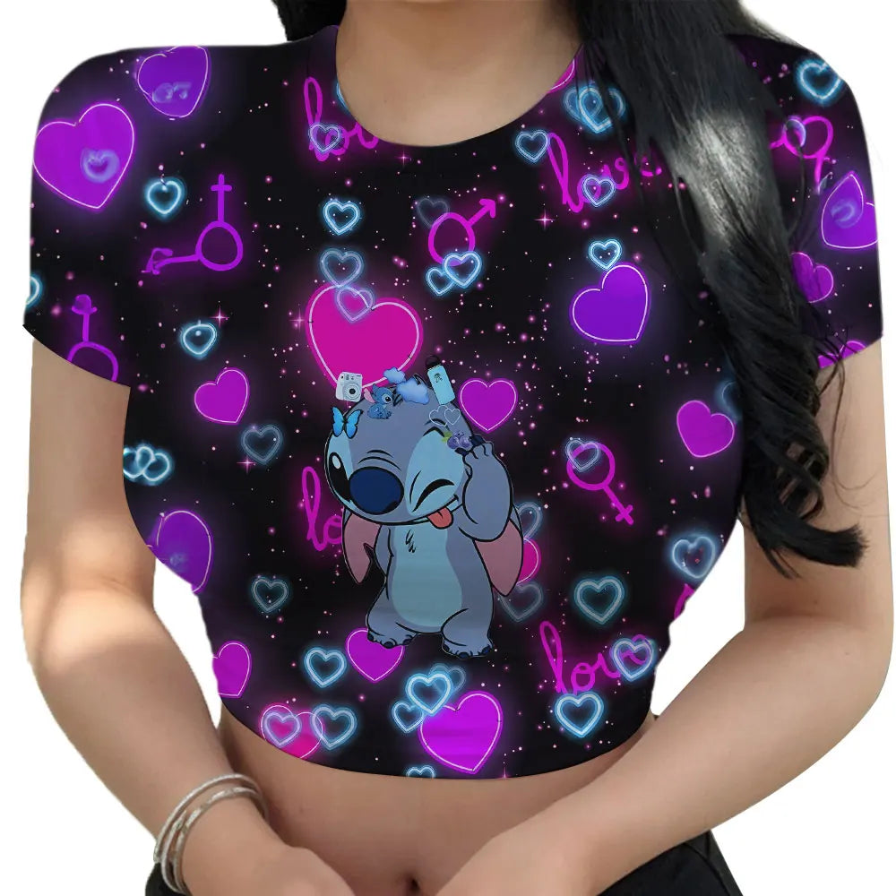 Hot Sale Women'S Red T Shirts Summer 2024 Fashion Disney Stitch Crop Top Harajuku Y2K New Sweet T-Shirt Clothing Kawaii Clothes