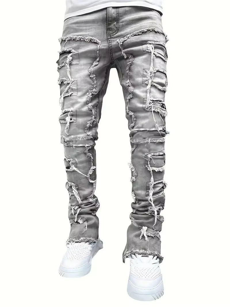Y2K-Inspired Hip-Hop Fringed Jeans for Men - Casual Stretch Streetwear