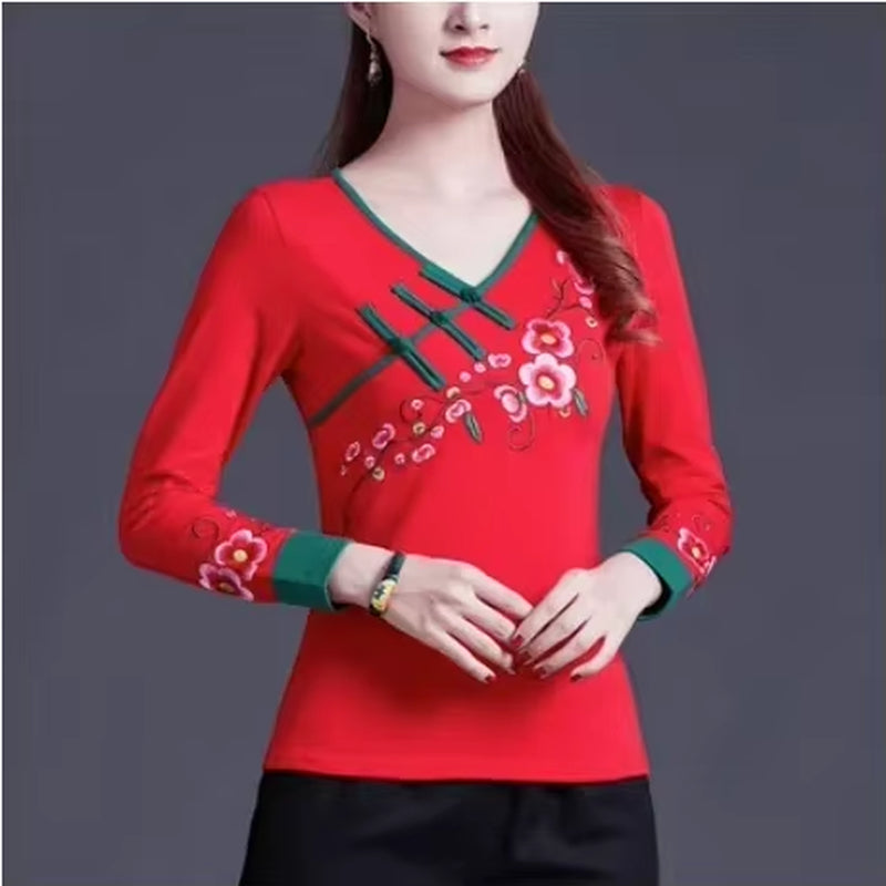 Ethnic Style Streetwear Fashion Casual Women Clothing Shirts for Women Vintage Clothes Tshirt Y2K Top Women Clothes Embroidery