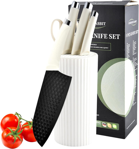 5PCS Knife Set with Universal Block, Sharp Knife Set with Scissors for Heavy-Duty Chopping, RV Apartments New Home Essentials, Non-Stick Coated Blade, Dishwasher Safe