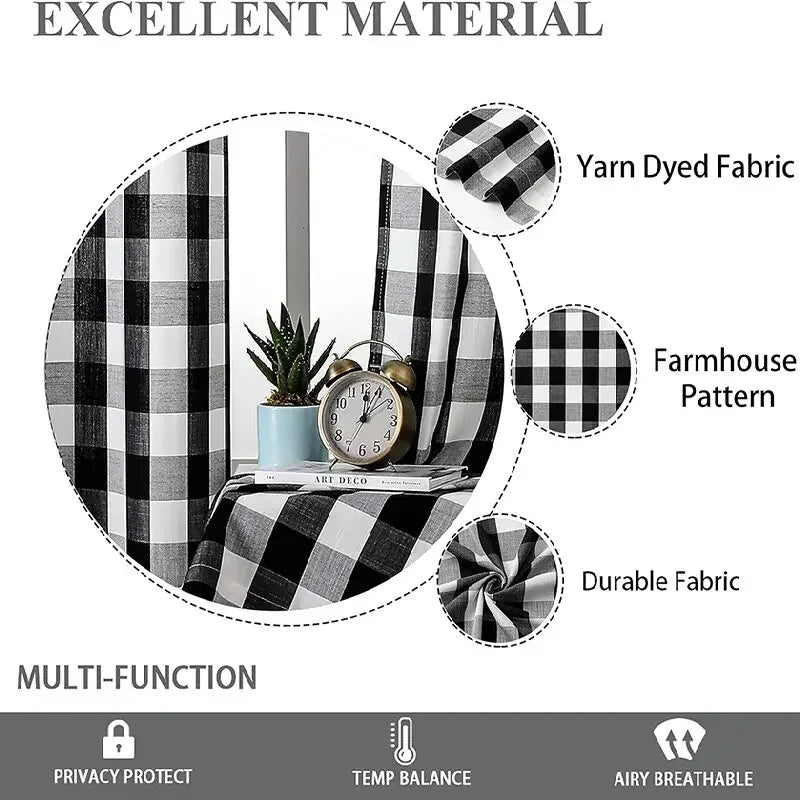 Black White Gingham Curtains Panels for Living Room Plaid Drape Kitchen Bedroom Rod Pocket Blackout Checkered Top Window Curtain