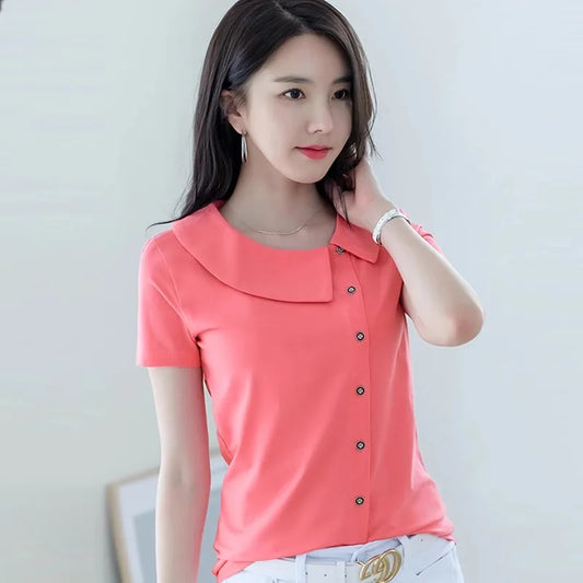 Korean Version Blue Pure Cotton Short Sleeved T-Shirt Women'S Summer New Polo Shirt Loose Half Sleeved Shirt Slim Fit Lapel Top