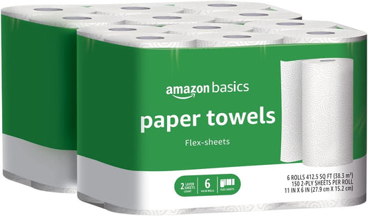 2-Ply Flex-Sheets Paper Towels, 12 Basics Rolls = 32 Regular Rolls, Everyday Value with 150 Sheets per Roll