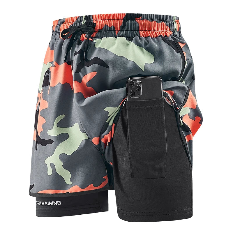 Men'S 2 in 1 Gym Shorts Camouflage Fitness Training Shorts with Phone Pocket Towel Loop Quick Dry Running Wear Workout Shorts