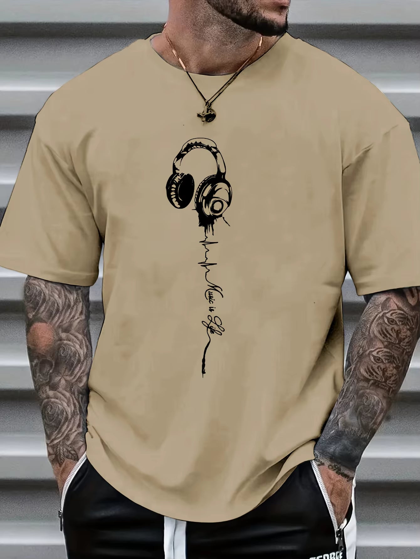 Men'S Summer Earphones with Letter Print, Breathable and Comfortable round Neck T-Shirt, Outdoor Sports and Leisure Top