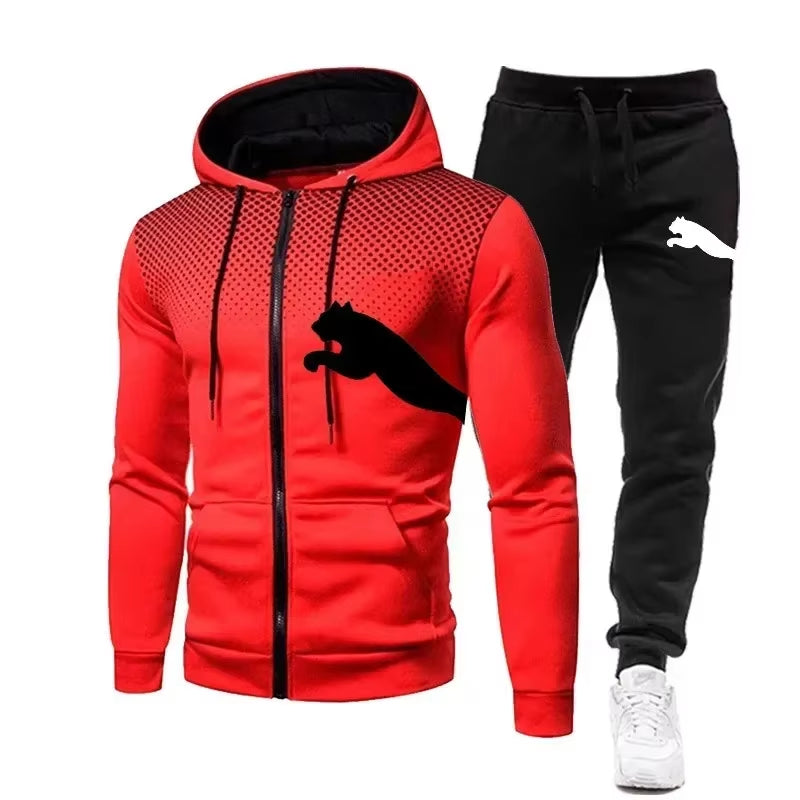 New Two-Piece Set of Zippered Hooded Sweatshirts and Sweatpants for Fashionable Men, Casual Outdoor Sports Men in Autumn