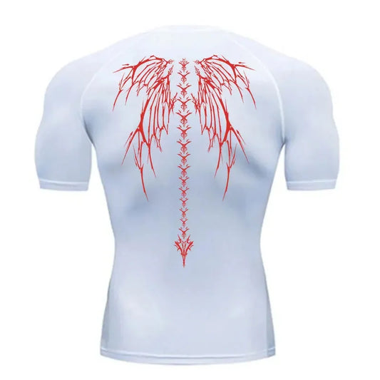 Men'S Gym Clothes Skeleton Wings Workout Compression Shirts Short Sleeve Rash Guard Athletic Undershirt Gear T Shirt for Sports