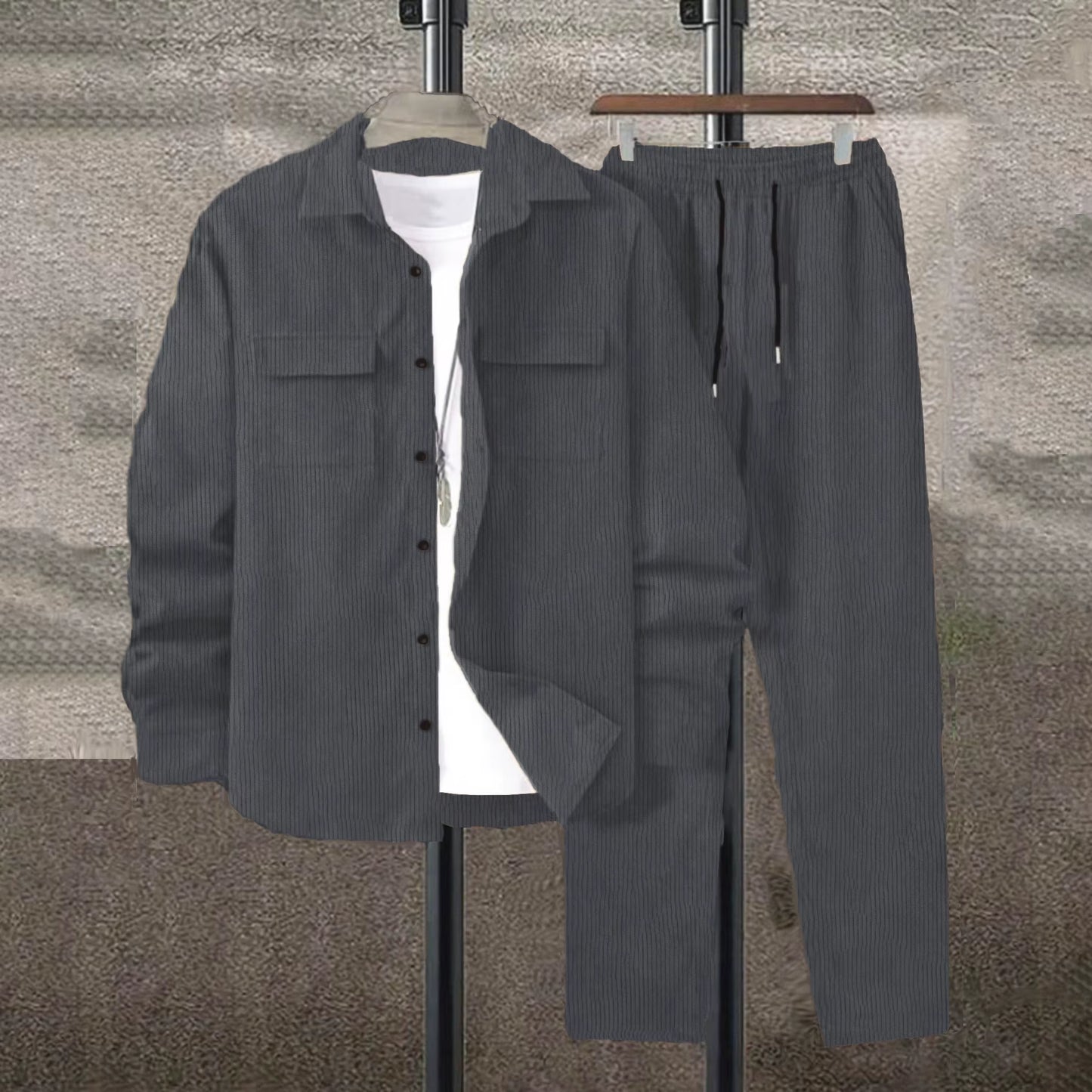 Men'S Suit Solid Color Corduroy Suit Long Sleeve Shirt and Pants Casual Suit